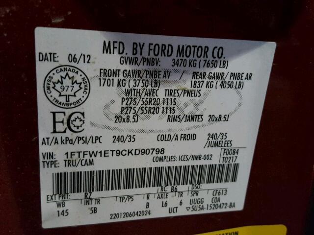 1FTFW1ET9CKD90798 - 2012 FORD F150 SUPER RED photo 10