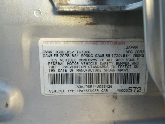 JA3AJ26E44U053426 - 2004 MITSUBISHI LANCER ES SILVER photo 10