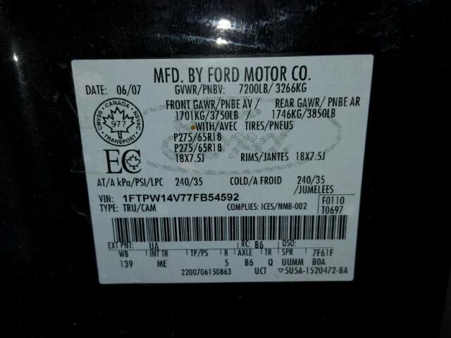 1FTPW14V77FB54592 - 2007 FORD F150 SUPER BLACK photo 10