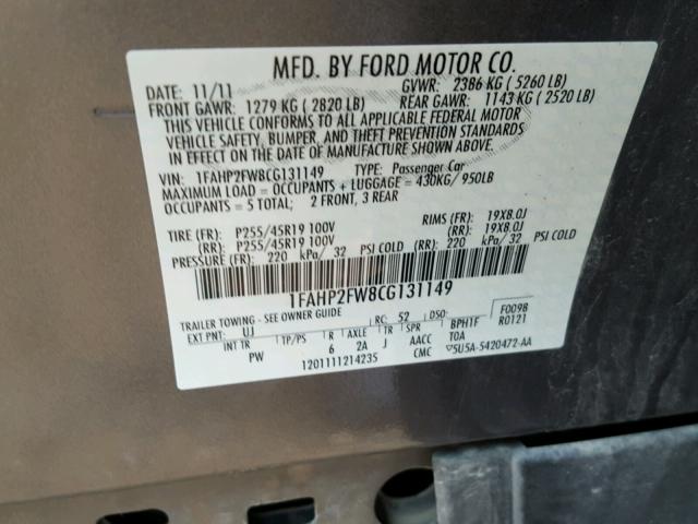 1FAHP2FW8CG131149 - 2012 FORD TAURUS LIM GRAY photo 10