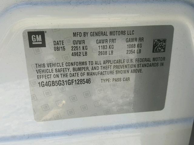 1G4GB5G31GF128546 - 2016 BUICK LACROSSE WHITE photo 10