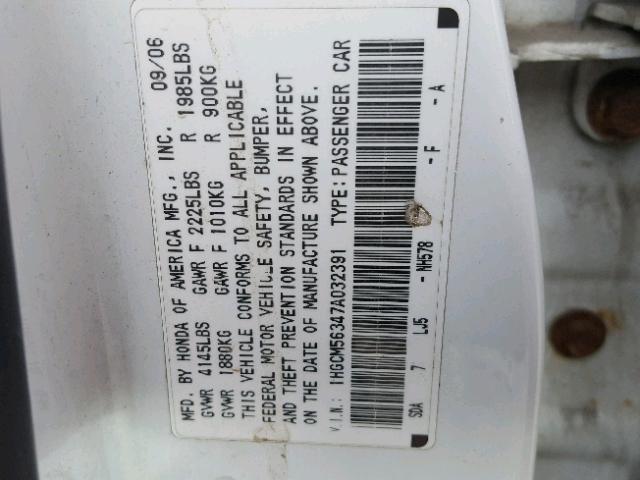 1HGCM56347A032391 - 2007 HONDA ACCORD SE WHITE photo 10