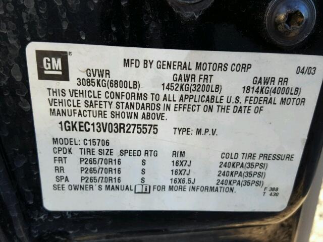 1GKEC13V03R275575 - 2003 GMC YUKON BLACK photo 10