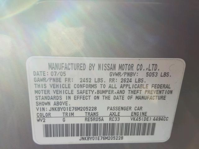 JNKBY01E76M205228 - 2006 INFINITI M45 BASE GRAY photo 10