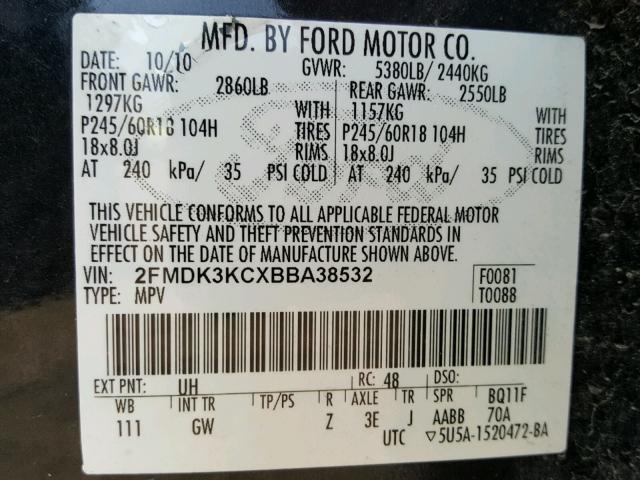 2FMDK3KCXBBA38532 - 2011 FORD EDGE LIMIT BLACK photo 10