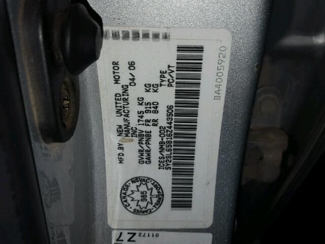 5Y2SL65816Z443506 - 2006 PONTIAC VIBE SILVER photo 10