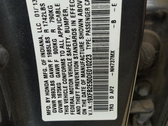 19XFB2E50DE010223 - 2013 HONDA CIVIC LX GRAY photo 10