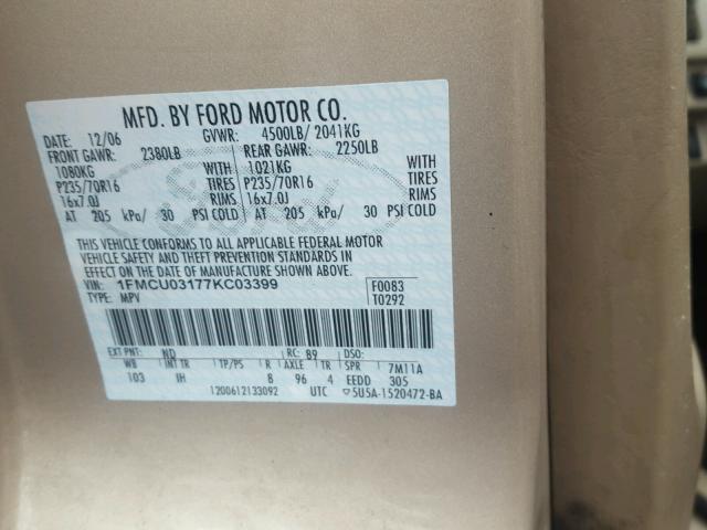 1FMCU03177KC03399 - 2007 FORD ESCAPE XLT TAN photo 10