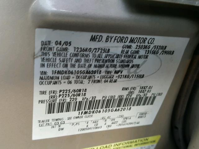 1FMDK06105GA62018 - 2005 FORD FREESTYLE SILVER photo 10