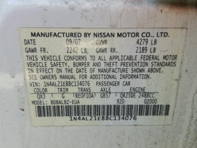 1N4AL21E88C134076 - 2008 NISSAN ALTIMA 2.5 WHITE photo 10