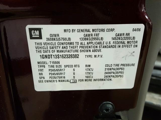 1GNDT13S162328382 - 2006 CHEVROLET TRAILBLAZE BURGUNDY photo 10