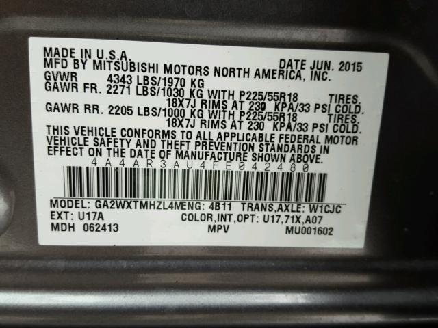 4A4AR3AU4FE042480 - 2015 MITSUBISHI OUTLANDER GRAY photo 10