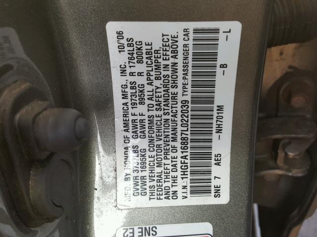 1HGFA16887L022039 - 2007 HONDA CIVIC EX GRAY photo 10