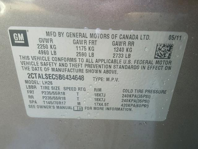 2CTALSEC5B6434648 - 2011 GMC TERRAIN SL CHARCOAL photo 10