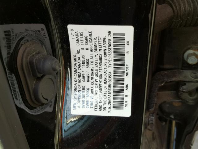 2HGFA1F53BH303564 - 2011 HONDA CIVIC LX BLACK photo 10