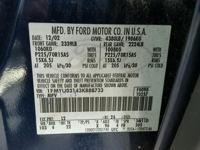 1FMYU03143KB88733 - 2003 FORD ESCAPE XLT BLUE photo 10