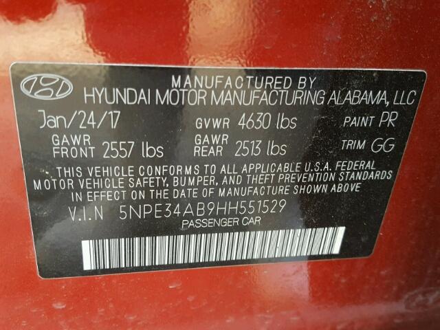 5NPE34AB9HH551529 - 2017 HYUNDAI SONATA SPO RED photo 10