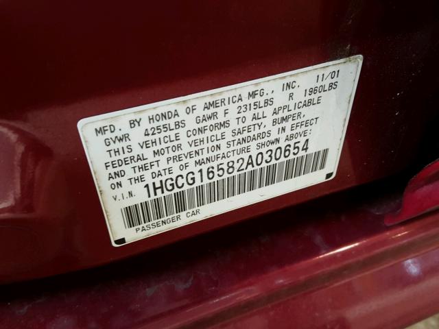 1HGCG16582A030654 - 2002 HONDA ACCORD EX RED photo 10