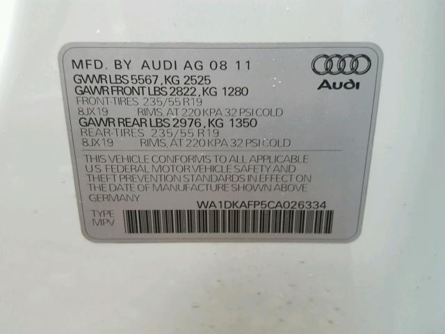 WA1DKAFP5CA026334 - 2012 AUDI Q5 PREMIUM WHITE photo 10