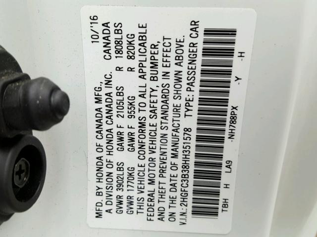 2HGFC3B38HH351578 - 2017 HONDA CIVIC EX 白色 照片 10