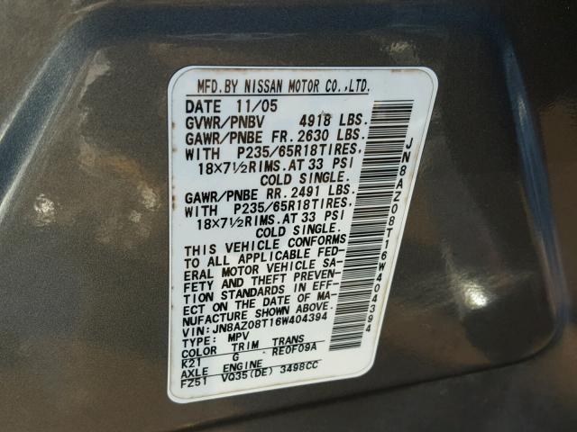 JN8AZ08T16W404394 - 2006 NISSAN MURANO SL GRAY photo 10