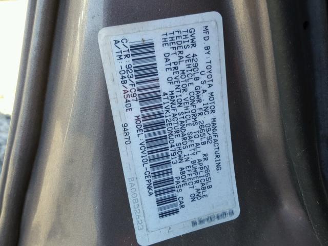 4T1VK12E0NU047913 - 1992 TOYOTA CAMRY LE BROWN photo 10