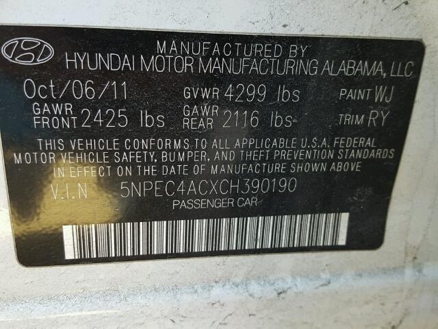 5NPEC4ACXCH390190 - 2012 HYUNDAI SONATA SE WHITE photo 10