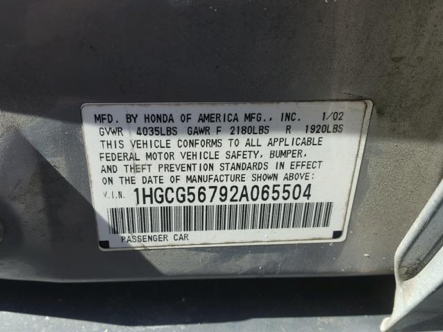 1HGCG56792A065504 - 2002 HONDA ACCORD SE SILVER photo 10