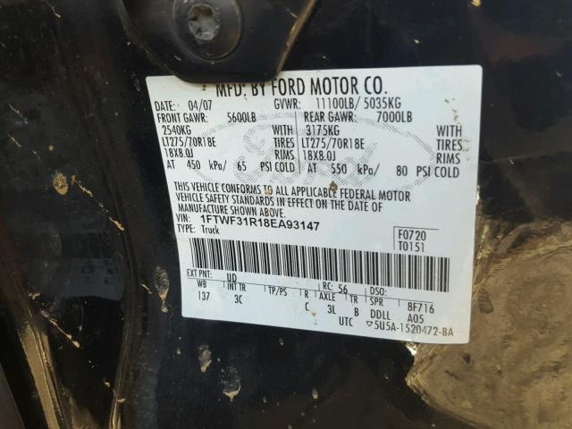 1FTWF31R18EA93147 - 2008 FORD F350 SRW S BLACK photo 10