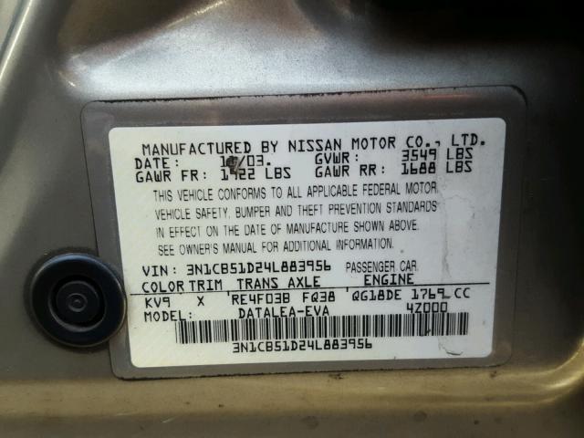 3N1CB51D24L883956 - 2004 NISSAN SENTRA 1.8 GRAY photo 10