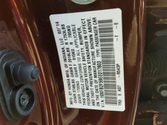 19XFB2F59EE017803 - 2014 HONDA CIVIC LX BURGUNDY photo 10