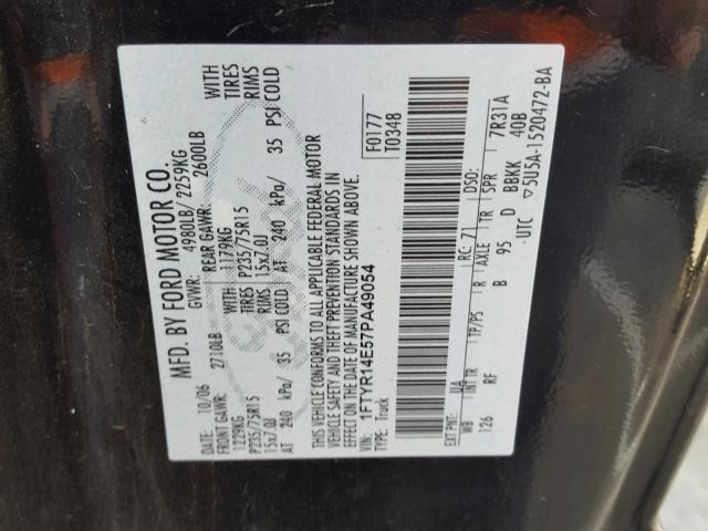 1FTYR14E57PA49054 - 2007 FORD RANGER SUP BLACK photo 10