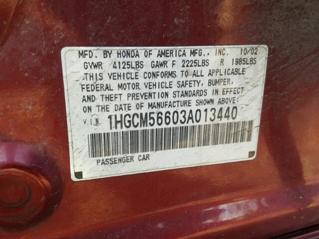 1HGCM56603A013440 - 2003 HONDA ACCORD EX MAROON photo 10