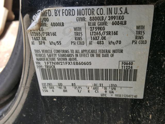 1FTNW21FX1EB60605 - 2001 FORD F250 SUPER BLUE photo 10