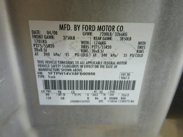 1FTPW14VX8FB90956 - 2008 FORD F150 SUPER SILVER photo 10