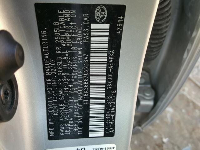 4T1BK36B87U221647 - 2007 TOYOTA AVALON XL SILVER photo 10