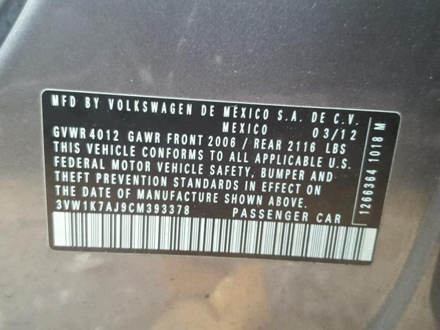 3VW1K7AJ9CM393378 - 2012 VOLKSWAGEN JETTA BASE 灰色 照片 10