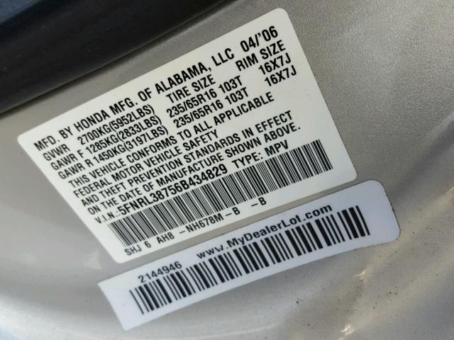 5FNRL38756B434829 - 2006 HONDA ODYSSEY EX SILVER photo 10