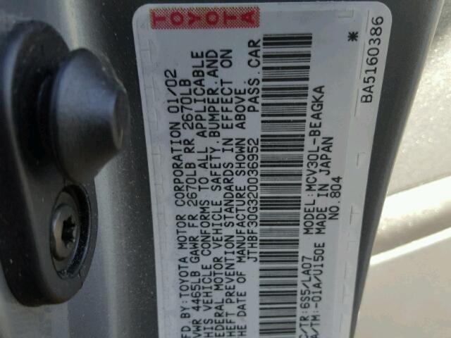 JTHBF30G320036952 - 2002 LEXUS ES 300 GRAY photo 10