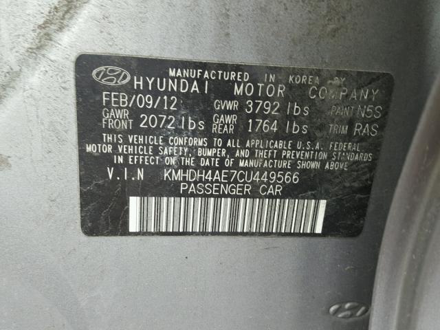 KMHDH4AE7CU449566 - 2012 HYUNDAI ELANTRA GL GRAY photo 10