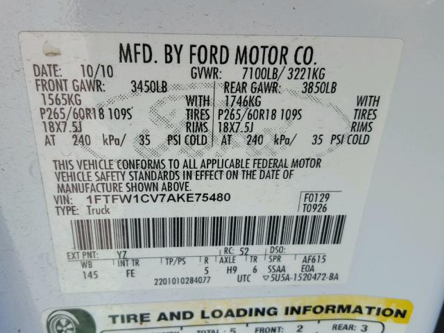 1FTFW1CV7AKE75480 - 2010 FORD F150 SUPER WHITE photo 10