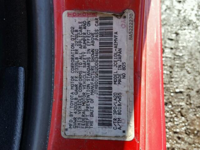 JTHBD192520063460 - 2002 LEXUS IS 300 RED photo 10