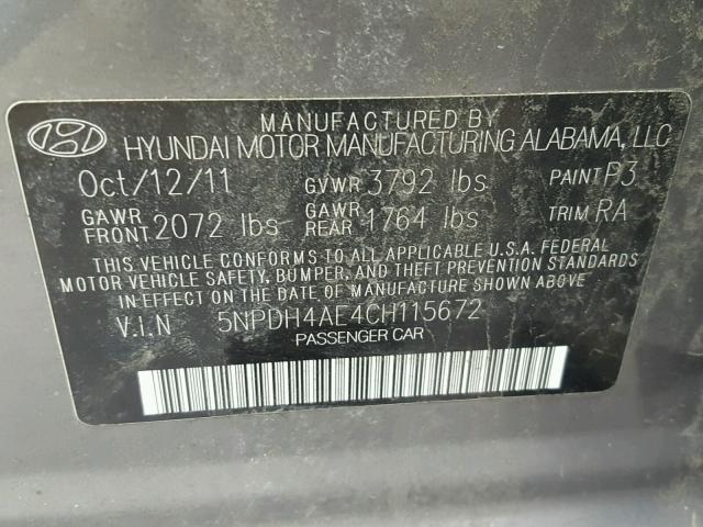 5NPDH4AE4CH115672 - 2012 HYUNDAI ELANTRA GL GRAY photo 10