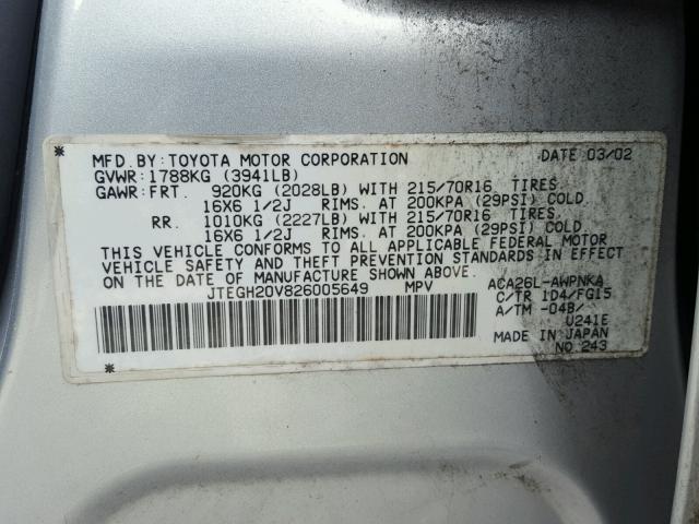 JTEGH20V826005649 - 2002 TOYOTA RAV4 SILVER photo 10