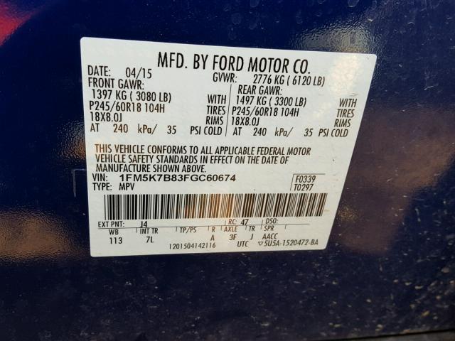 1FM5K7B83FGC60674 - 2015 FORD EXPLORER BLUE photo 10