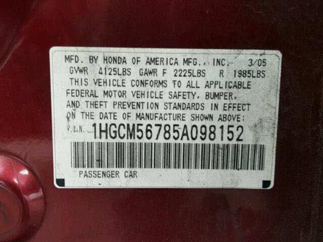 1HGCM56785A098152 - 2005 HONDA ACCORD EX BURGUNDY photo 10