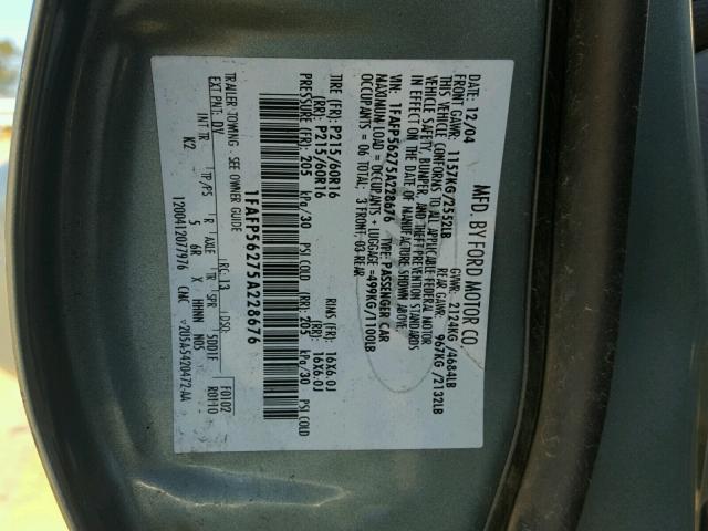 1FAFP56275A228676 - 2005 FORD TAURUS SEL GRAY photo 10