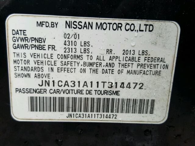 JN1CA31A11T314472 - 2001 NISSAN MAXIMA GXE BLACK photo 10