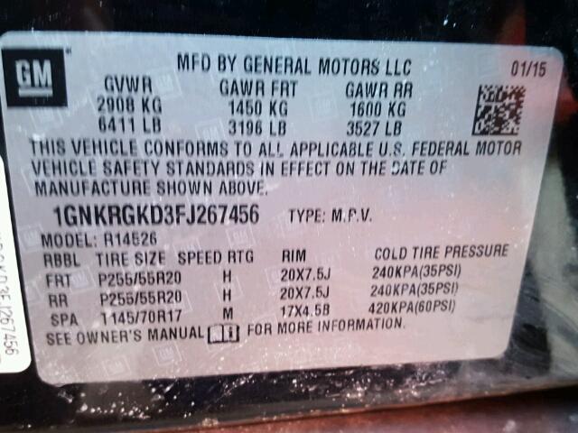 1GNKRGKD3FJ267456 - 2015 CHEVROLET TRAVERSE L CHARCOAL photo 10