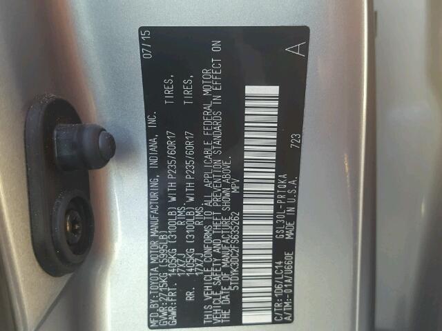 5TDYK3DC2FS635262 - 2015 TOYOTA SIENNA XLE SILVER photo 10